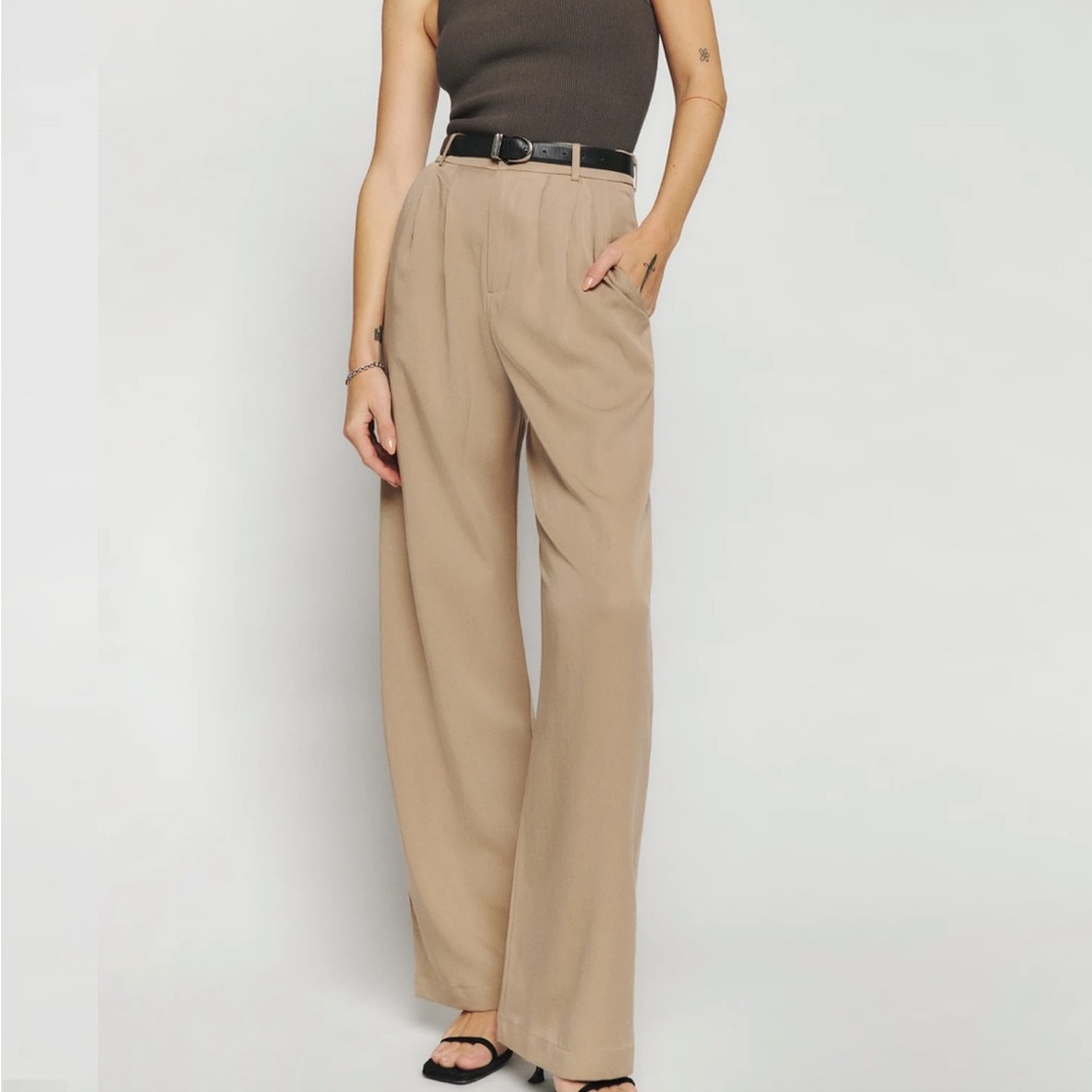 Reformation Mason Pant Khaki Trouser Wide Leg High Waist Pleated Relaxed Button